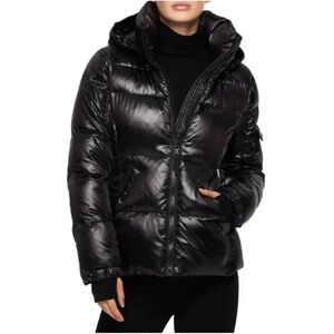 S13/NYC - Kylie Glossy Jet Black Genuine Down Puffer Jacket, Sz L, NWT